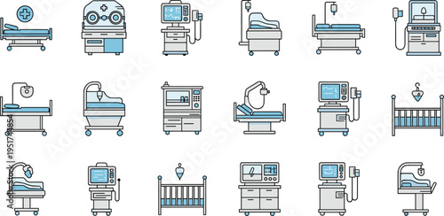Medical Equipment Set with Hospital Beds, Monitors, IV Drips, and Medical Devices for Healthcare and Patient Care