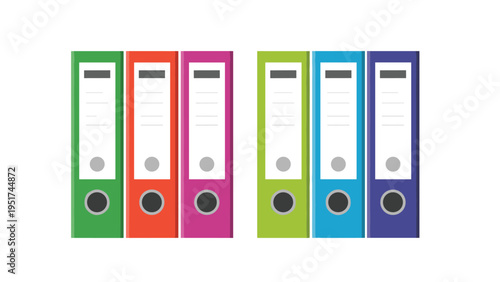 Row of colorful office ring binders used for document organization efficient archival storage and administrative record keeping in a workspace.