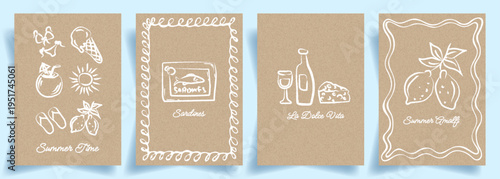 Summer Whimsical Posters on Kraft Brown Paper Background. Mediterranean Summer illustration with Italian Food Sketches Sardines Wine Bottles Lemons Beach Elements Doodle style poster design Sea Party