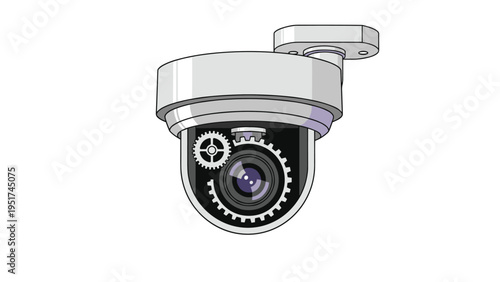 Detailed illustration of a modern white dome security camera with internal gears for surveillance safety and property protection in urban areas.