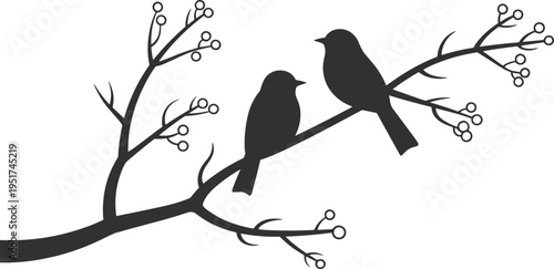 Birds on tree branch silhouettes vector illustration, perched songbirds with berries nature design isolated, flat vector illustration