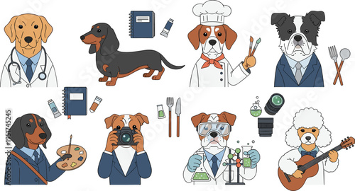 Cute dogs professions collection doctor chef scientist artist photographer musician cartoon animal vector illustration set