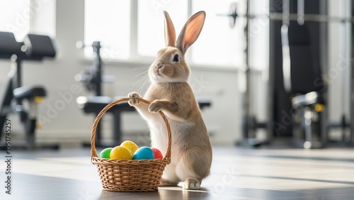 Easter bunny holding basket with colorful eggs inside modern gym interior with fitness equipment