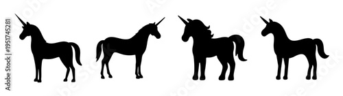 Four unicorn silhouettes vector art graphic design illustration fantasy mythical creatures drawing image