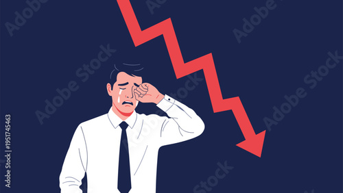 Sad businessman crying as he looks at a falling red arrow graph representing financial loss bankruptcy and negative performance in the market.