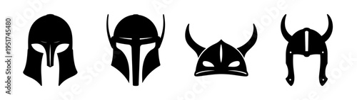 Collection of stylized warrior helmets vector art illustration for graphic design concept and print 