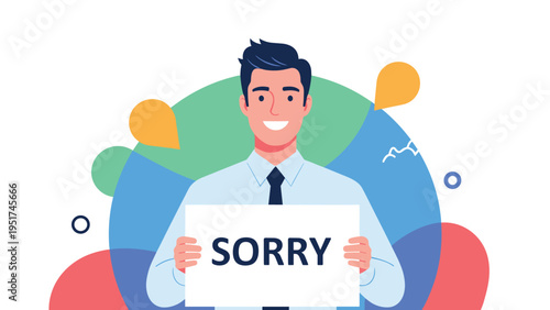 Friendly businessman smiling while holding a white placard with the word sorry written in bold letters to apologize for a mistake or error.