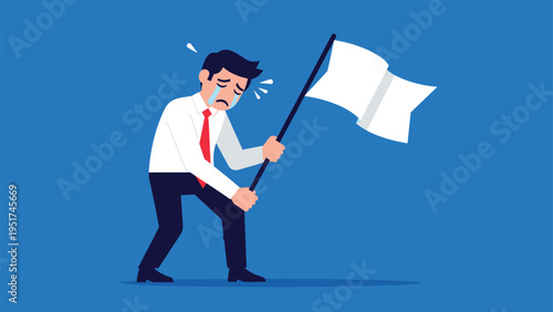 Defeated and crying businessman holding a white flag as a symbol of surrender and failure during a financial crisis or difficult business deal.