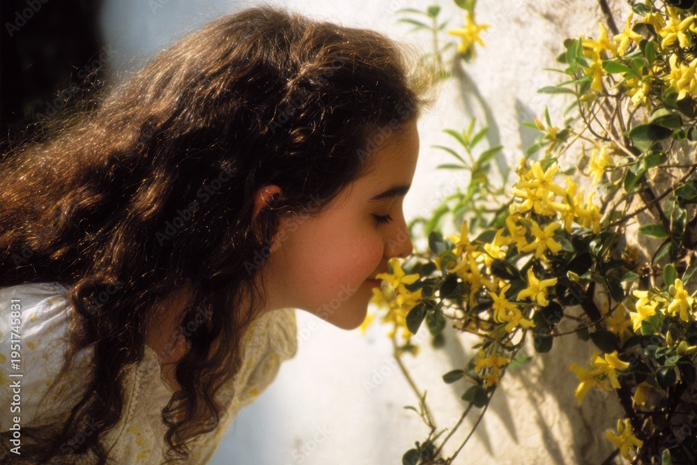 Naklejka premium woman, beauty, flower, spring, child, nature, flowers, summer, park, hair, face, garden, autumn, outdoors, person, smile, smiling, happiness, people, one, childhood, outdoor, grass, kid, bouquet