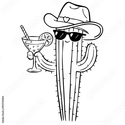 Cowgirl Cactus with Martini Glass – Cute Western Line Art Illustration