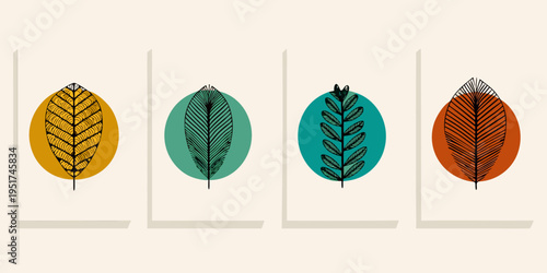 Four stylized leaves in oval shapes with different colors and patterns