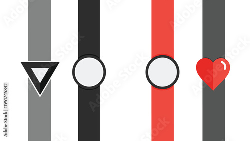 Graphic illustration featuring a triangle a circle and a heart symbol positioned over vertical grey and red stripes for a modern design.