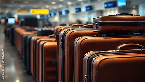  Leather suitcases placed in an airport departure lounge, softly lit with a blurred terminal in the background. tourism brochures.