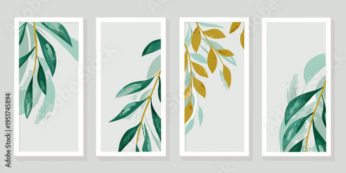 Four botanical wall art panels featuring painted leaf illustrations