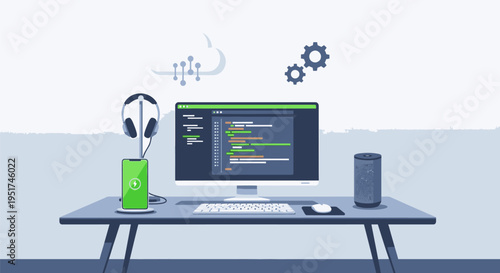 A person works on a computer with coding software and office supplies on a desk indoors