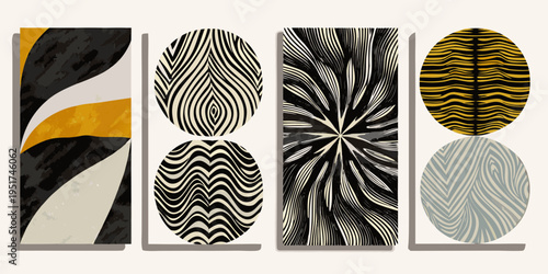 Abstract art featuring geometric shapes and bold black white and gold tones