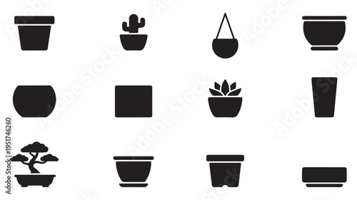 Set of black silhouette various plant pots and planters icon vector illustration isolated on white background