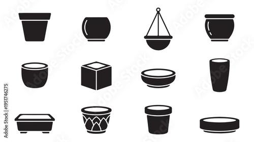 Set of black silhouette various plant pots and planters icon vector illustration isolated on white background