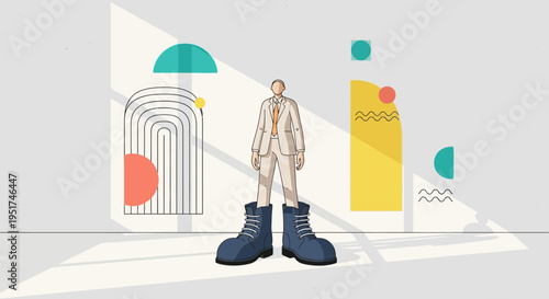 Corporate leadership transition and career growth concept depicting a professional with big shoes to fill in a modern business environment