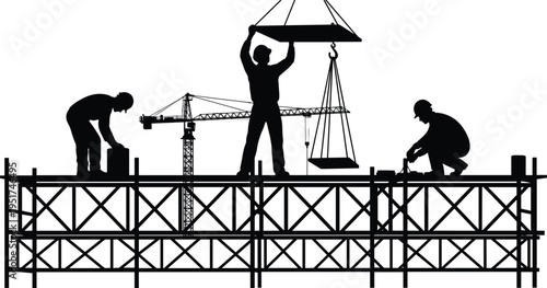Silhouette of construction workers on scaffolding with crane at building site, industrial heavy engineering and professional builders working at height