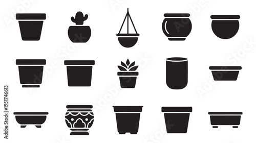Assortment of black plant pots and planters, vector illustrations for gardening, home decor and botanical themes