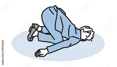 Man in blue suit bowing deeply in shame or defeat on a dotted blue oval background, with head down featuring gesture, apology, resignation with