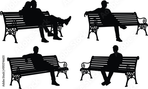 Black silhouette collection of people and couple sitting on park benches representing relaxation, outdoor leisure, city lifestyle, loneliness, and companionship