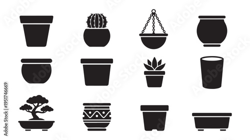 Wallpaper Mural Group of black silhouette icons representing various plant pots and planters, clean and modern design for graphics Torontodigital.ca