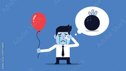 Sad blue male character in a suit crying while holding a red balloon and thinking about a heavy black bowling ball burden in his mind.