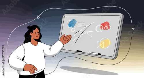 Confident female thought leader delivering a strategic keynote presentation on a digital whiteboard for a virtual B2B workshop or executive corporate training session