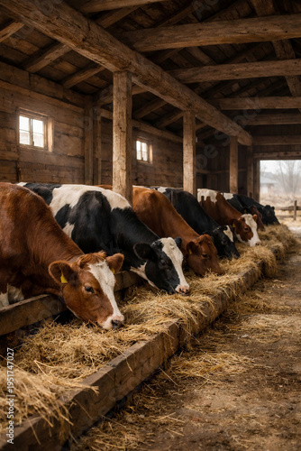 Cows Eating Hay in Rustic Barn, Early Spring Farming Scene