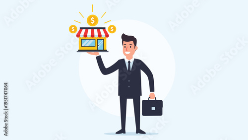 Successful business owner holding a storefront model with gold coins floating above it on a light blue background for promotion.