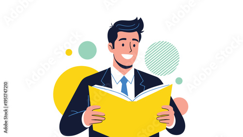 Smiling businessman in a dark suit reading a large yellow book with abstract geometric circles and patterns in the background.