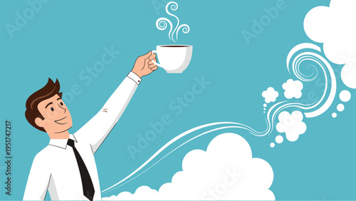 Professional office worker in a white shirt reaching up to catch a steaming cup of hot coffee that is being carried by white clouds.