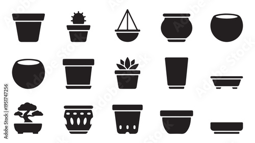 Set of black and white icons of various plant pots and planters for gardening and home decor
