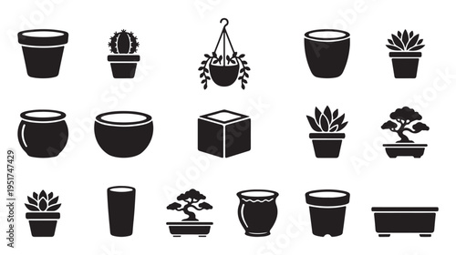 Variety of black and white icons featuring different plant pots and planted specimens