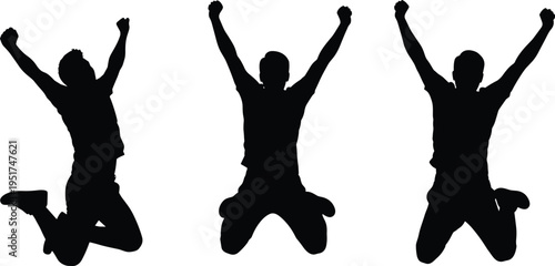 Black silhouettes of a young man jumping in the air with joy, celebrating success, victory, and freedom, isolated on white.
