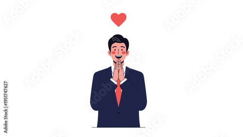Happy man in a suit with his hands together and a red heart floating above his head expressing sincere love or gratitude for success.