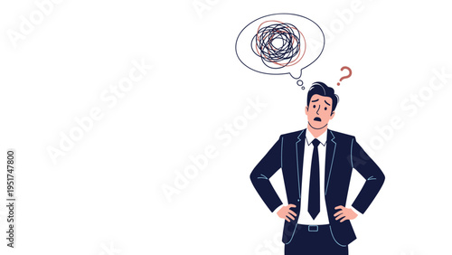 Confused businessman in a suit scratching his head with a scribble in a thought bubble representing complex thoughts and ideas.