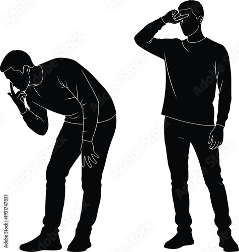 Two silhouettes of young man in different poses leaning forward to look and standing looking into distance on white background