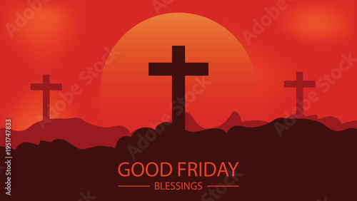 A symbolic illustration of three crosses on a hill at sunset, representing Good Friday and Christianity.