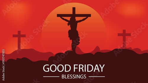 A silhouette of Jesus Christ on the cross during a Good Friday sunset with three crosses in the landscape