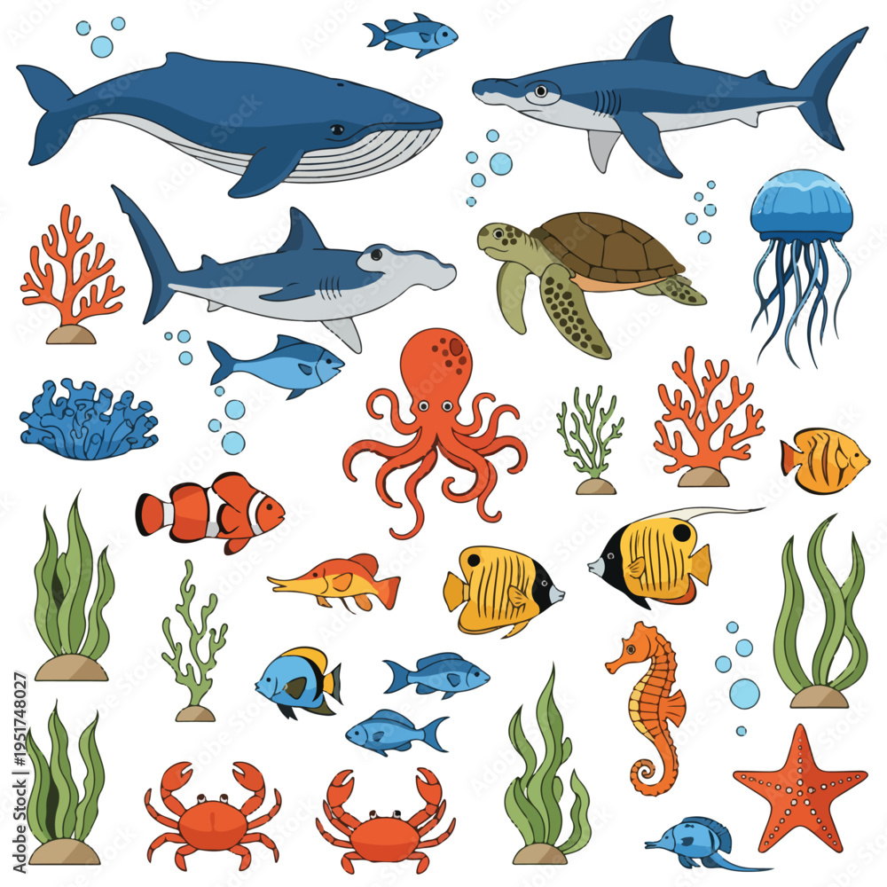 Fototapeta premium Cute Cartoon Ocean Marine Life Vector Illustration Set