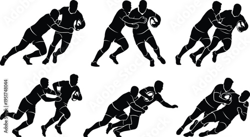 Dynamic black silhouettes of rugby players tackling and blocking with ball, showcasing intense sports action and athletic movement