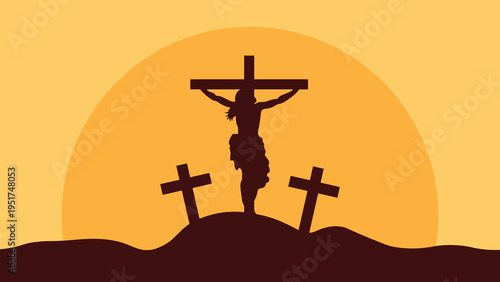 A silhouette of Jesus Christ on the cross at sunset with three crosses on a hill