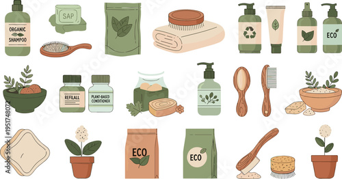 Eco friendly zero waste bathroom products natural cosmetics sustainable lifestyle items hand drawn vector illustration set