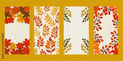 Four vertical banners adorned with vibrant autumn leaf arrangements