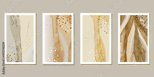 Abstract art prints with gold and beige brushstroke patterns displayed together