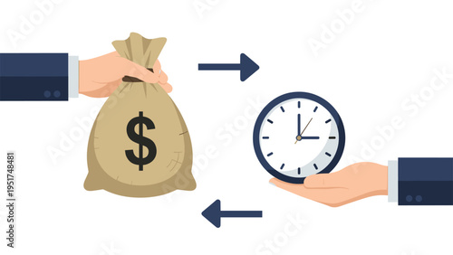Concept illustration showing the direct exchange of a bag of money for time represented by human hands and a clock with arrows.