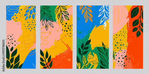 Abstract botanical patterns in vibrant colors arranged in vertical panels